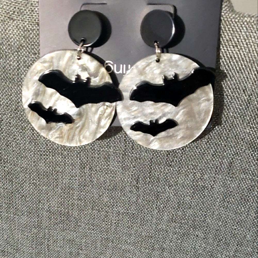 Halloween Bat & Moon Circle Drop Earrings
